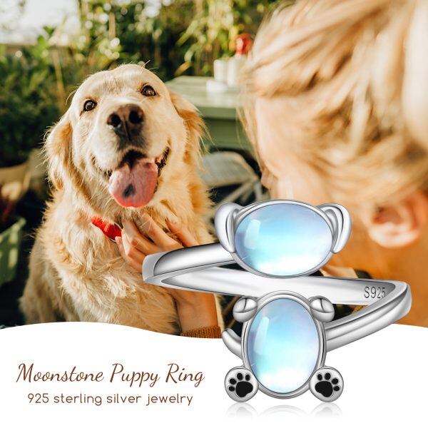 Sterling Silver Oval Shaped Moonstone Dog Adjustable Rings-5