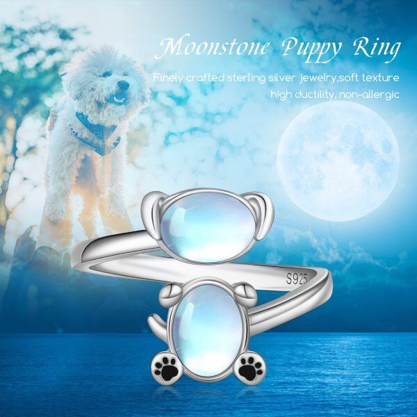 Sterling Silver Oval Shaped Moonstone Dog Adjustable Rings-6