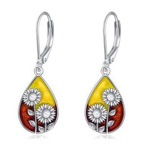 Sterling Silver Sunflower Dangle and Drop Earrings-0