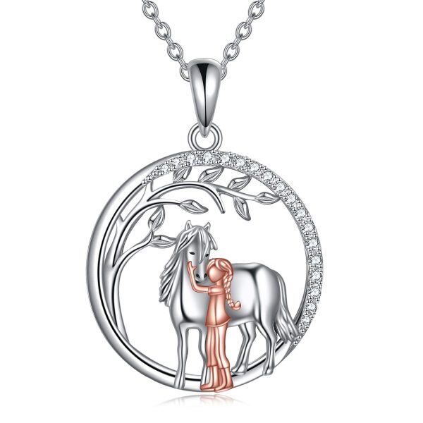 Sterling Silver Two-tone Cubic Zirconia Horse Pendant Necklace-0