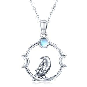 Sterling Silver Crescent Moon Eagle Moonstone Pendant Necklace-0