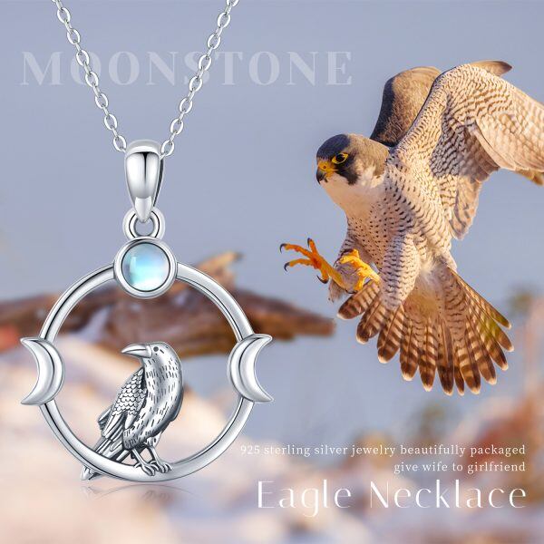 Sterling Silver Crescent Moon Eagle Moonstone Pendant Necklace-6