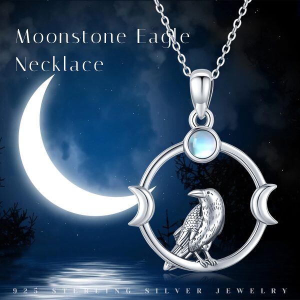 Sterling Silver Crescent Moon Eagle Moonstone Pendant Necklace-7