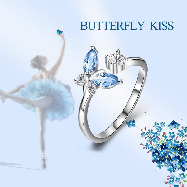 Sterling Silver Blue Crystal Butterfly Adjustable Rings-2