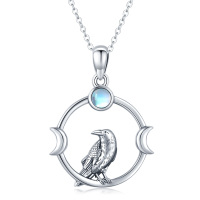 wholesale 925 Sterling Silver Raven Moonstone Circle Pendant Necklace for Men & Women Gifts- Rhodium Plated