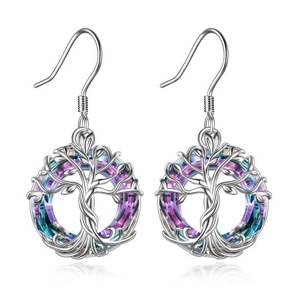 Sterling Silver Tree of Life Dangle Earrings with Purple Crystal Circle-0