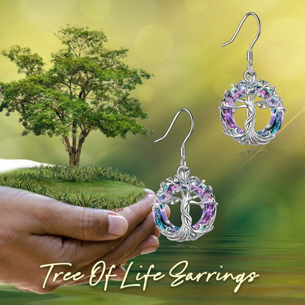 Sterling Silver Tree of Life Dangle Earrings with Purple Crystal Circle-5