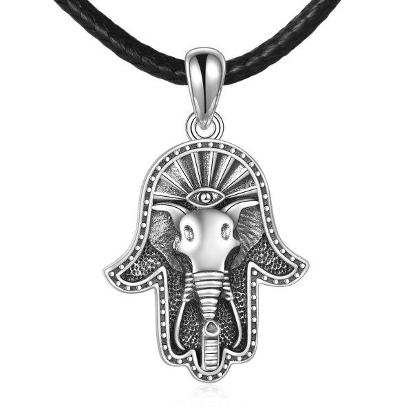 Sterling Silver Hamsa Hand of Fatima & Elephant Pendant Necklaces with Leather Cord-0