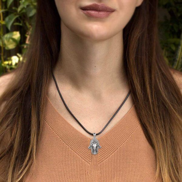 Sterling Silver Hamsa Hand of Fatima & Elephant Pendant Necklaces with Leather Cord-2