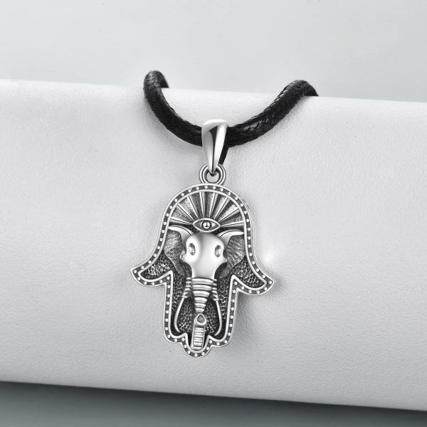 Sterling Silver Hamsa Hand of Fatima & Elephant Pendant Necklaces with Leather Cord-3