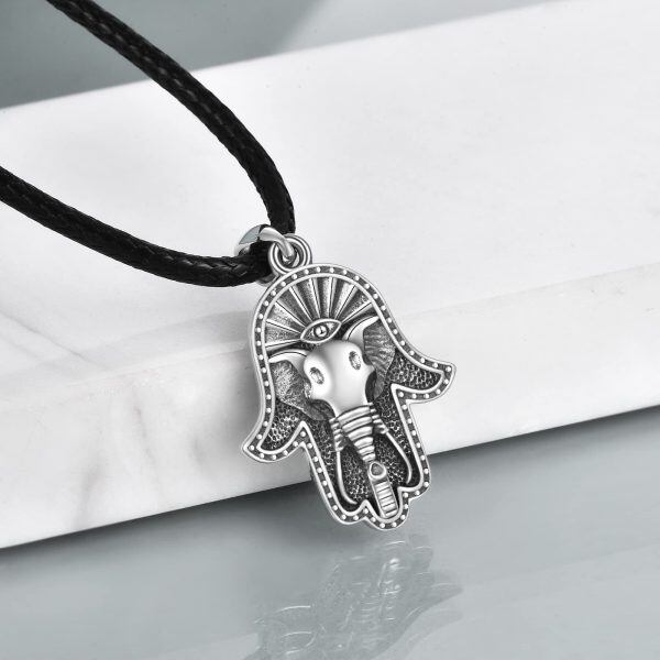 Sterling Silver Hamsa Hand of Fatima & Elephant Pendant Necklaces with Leather Cord-4