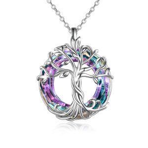 Sterling Silver Tree of Life Pendant Necklace with Purple Crystal Circle-0