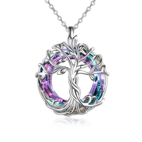 Sterling Silver Tree of Life Pendant Necklace with Purple Crystal Circle-0