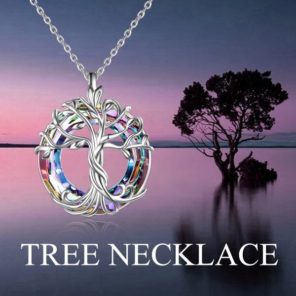 Sterling Silver Tree of Life Pendant Necklace with Purple Crystal Circle-5