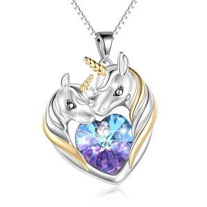 Sterling Silver Unicorns Pendant Necklace with Purple Heart Crystal-0