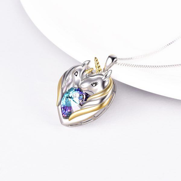 Sterling Silver Unicorns Pendant Necklace with Purple Heart Crystal-3