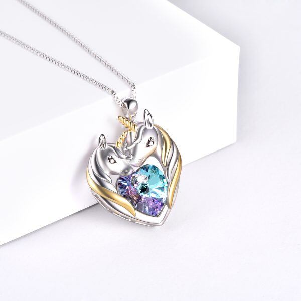 Sterling Silver Unicorns Pendant Necklace with Purple Heart Crystal-4