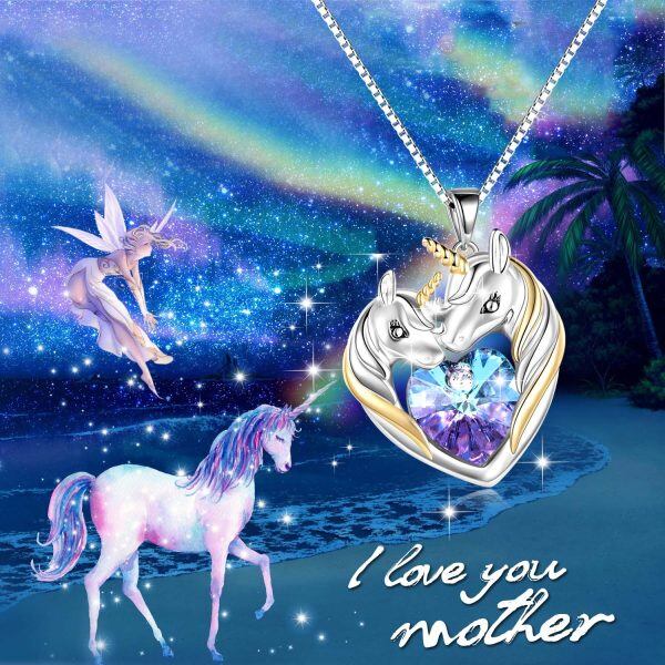 Sterling Silver Unicorns Pendant Necklace with Purple Heart Crystal-5