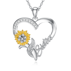 Sterling Silver Sunflower Sister Heart Pendant Necklace-0