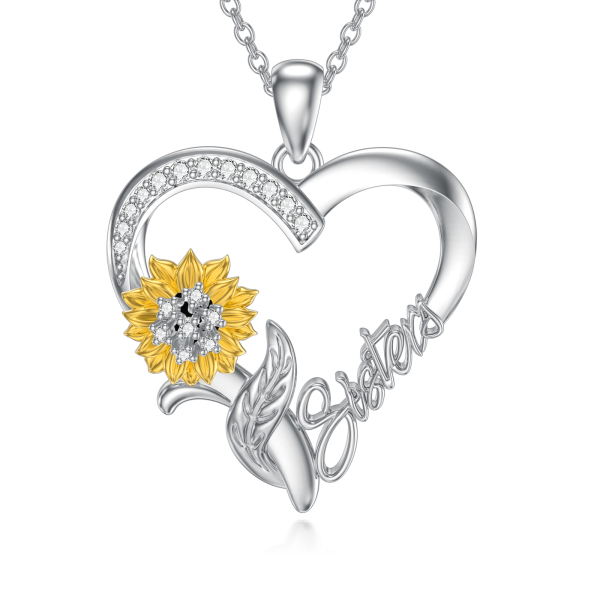 Sterling Silver Sunflower Sister Heart Pendant Necklace-0