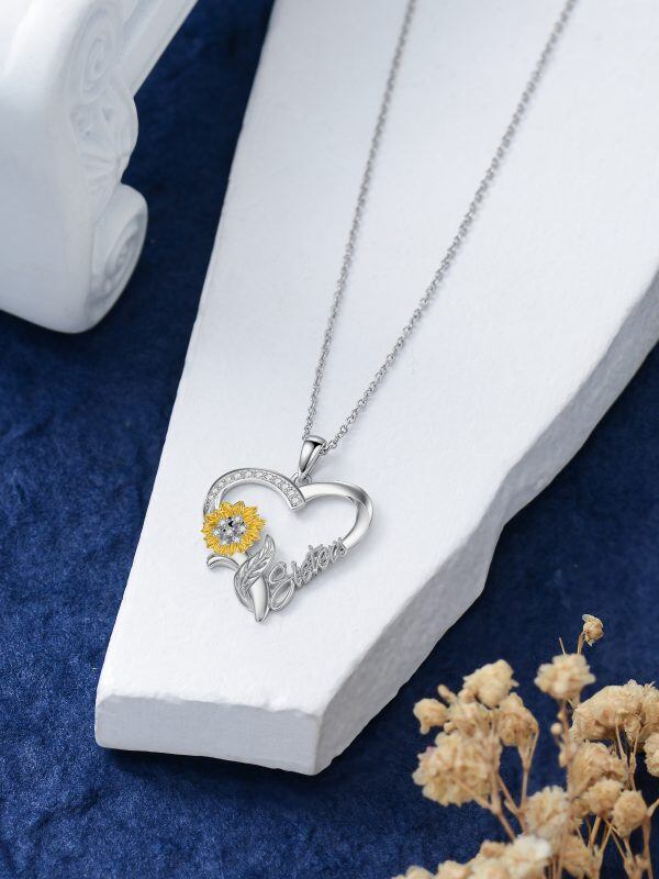 Sterling Silver Sunflower Sister Heart Pendant Necklace-2