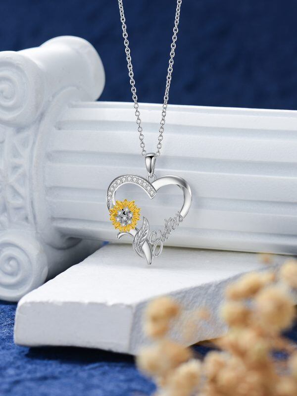 Sterling Silver Sunflower Sister Heart Pendant Necklace-3