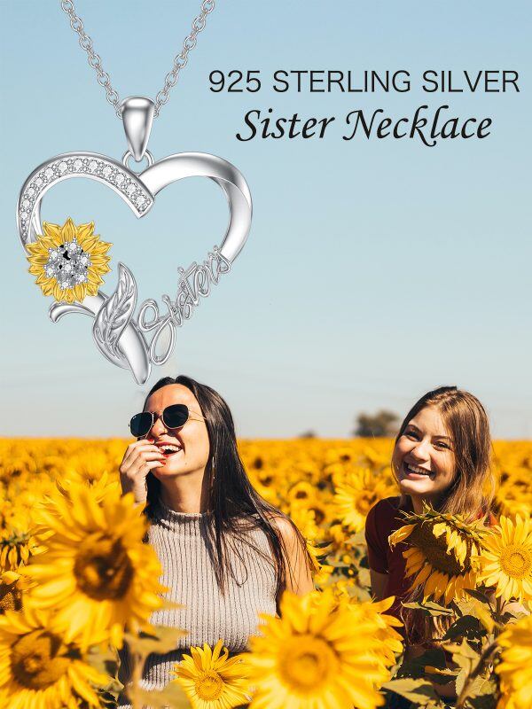 Sterling Silver Sunflower Sister Heart Pendant Necklace-4