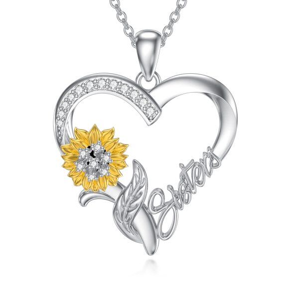 Sterling Silver Sunflower Sister Heart Pendant Necklace-6