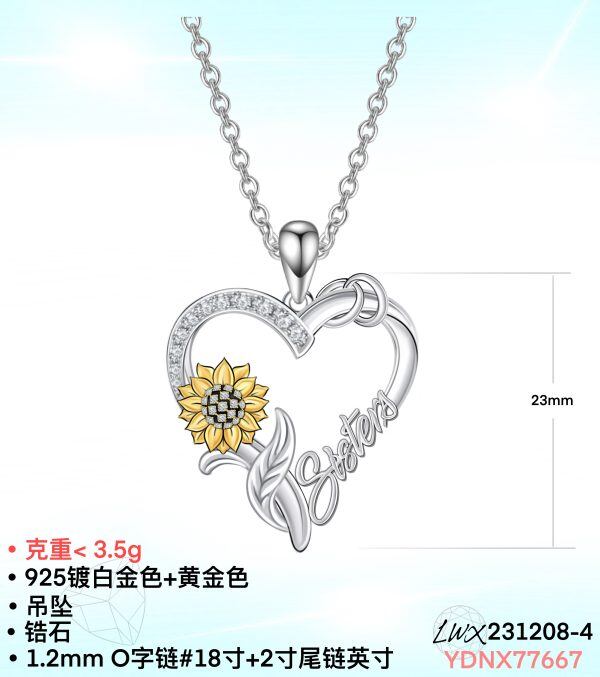 Sterling Silver Sunflower Sister Heart Pendant Necklace-8