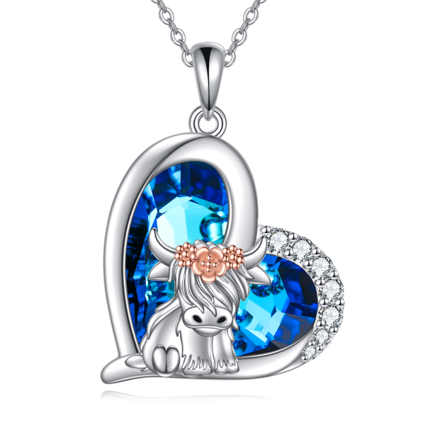 Sterling Silver Crystal Highland Cow Heart Pendant Necklace-1