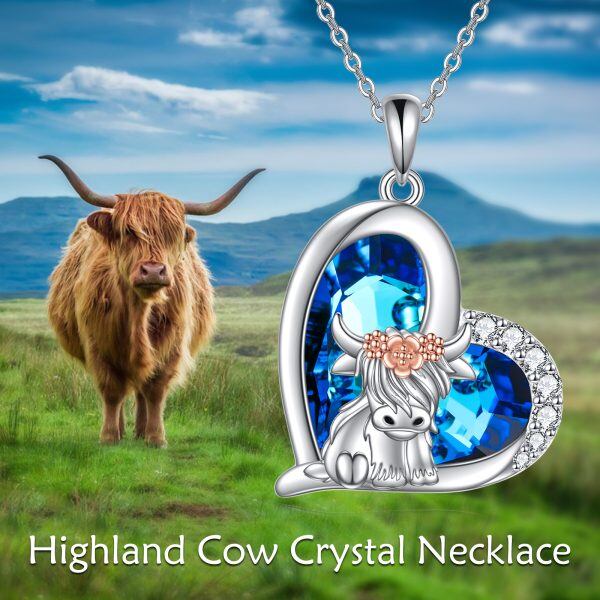 Sterling Silver Crystal Highland Cow Heart Pendant Necklace-5