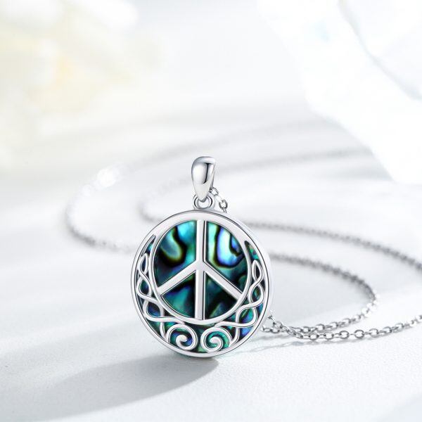 Sterling Silver Abalone Shell Peace Sign Pendant Necklace-4