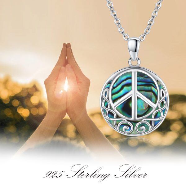 Sterling Silver Abalone Shell Peace Sign Pendant Necklace-8