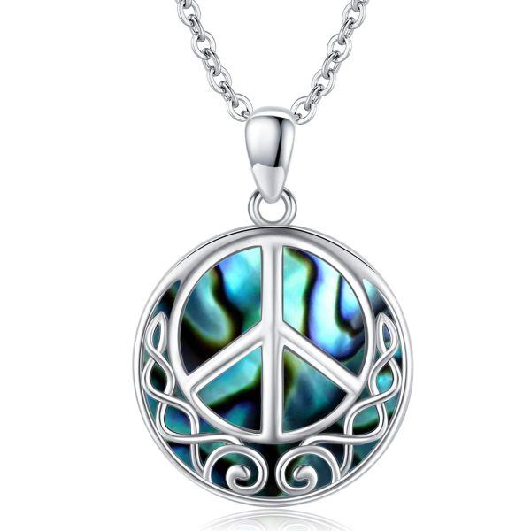 Sterling Silver Abalone Shell Peace Sign Pendant Necklace-10