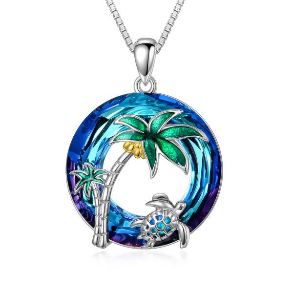 Sterling Silver Sea Turtle Coconut Tree Crystal Pendant Necklace-0