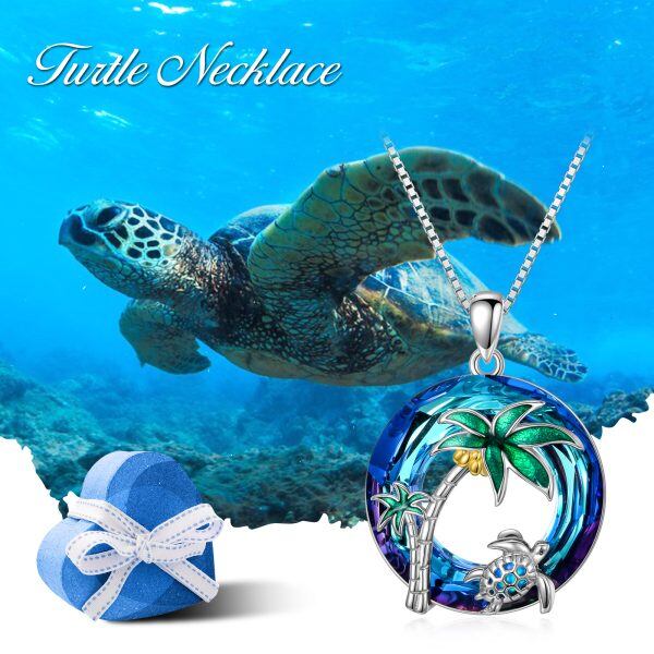 Sterling Silver Sea Turtle Coconut Tree Crystal Pendant Necklace-2