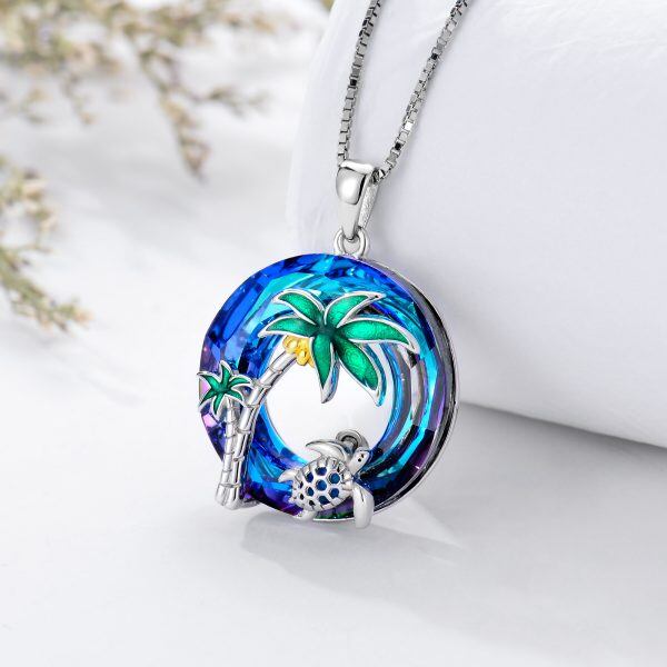 Sterling Silver Sea Turtle Coconut Tree Crystal Pendant Necklace-4