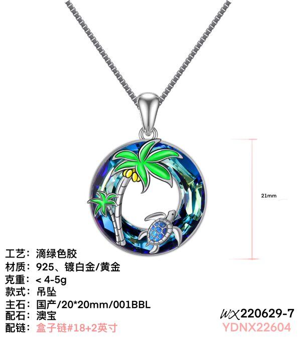 Sterling Silver Sea Turtle Coconut Tree Crystal Pendant Necklace-12