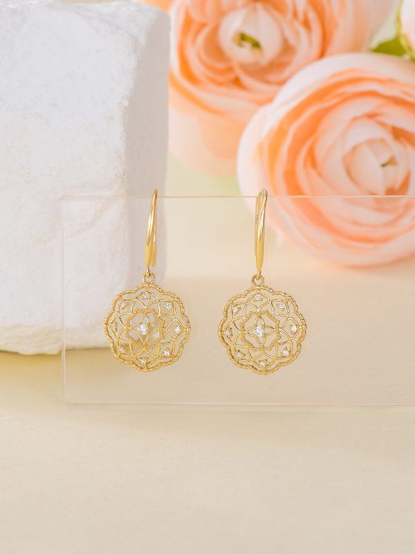 14K Gold Blossom Flower Dangle and Drop Earrings-6