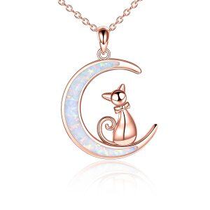 Sterling Silver Opal Moon Cat Pendant Necklace-0