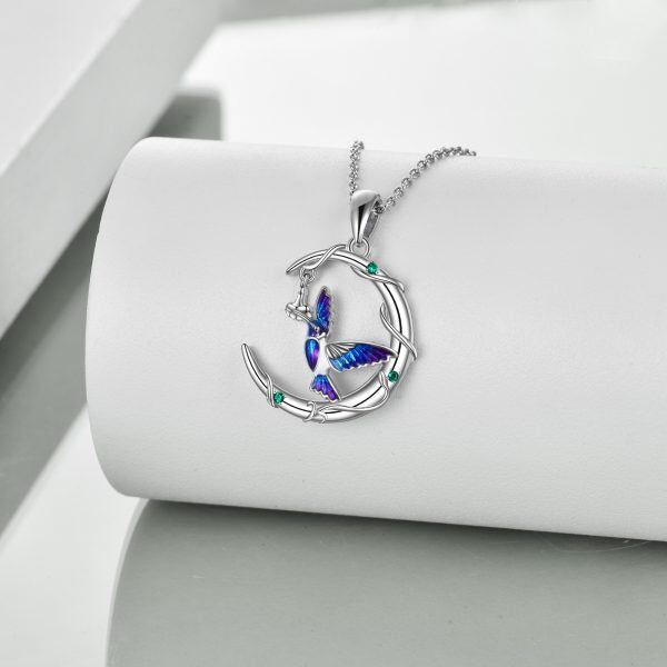 Sterling Silver Moon Hummingbird Pendant Necklace with Crystal-3