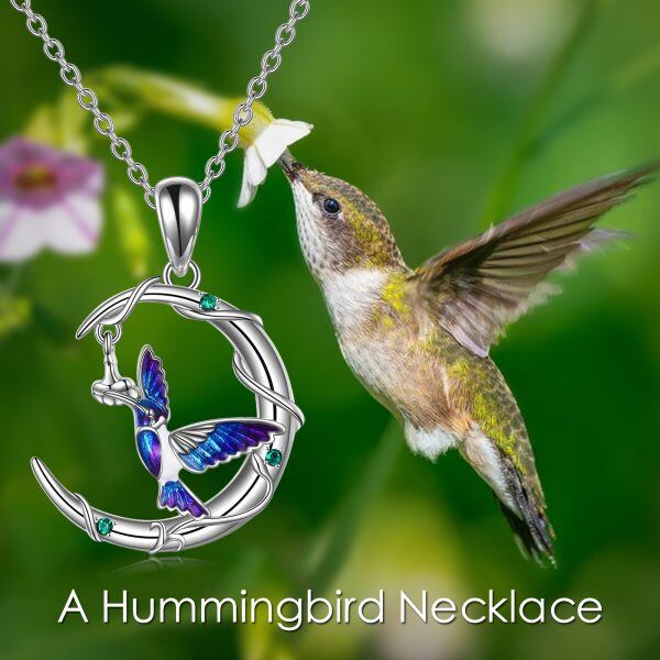 Sterling Silver Moon Hummingbird Pendant Necklace with Crystal-5