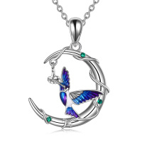 wholesale 925 Sterling Silver Moon & Hummingbird Pendant with Green Austrian Crystal Necklaces for Women Gifts- Rhodium Plated