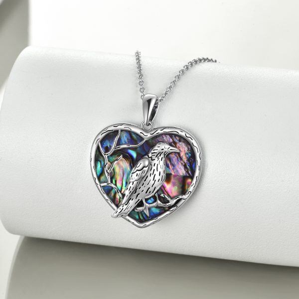 Sterling Silver Abalone Shell Raven Pendant Necklace-3