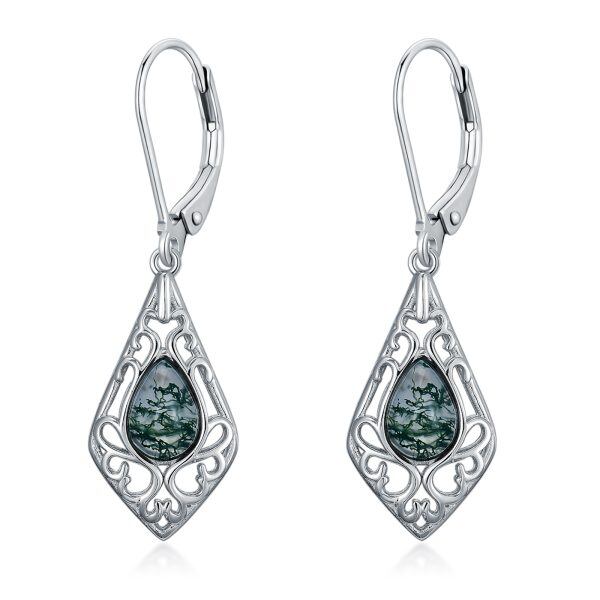 Sterling Silver Moss Agate Dangle and Drop Earrings-0