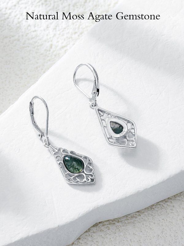 Sterling Silver Moss Agate Dangle and Drop Earrings-2