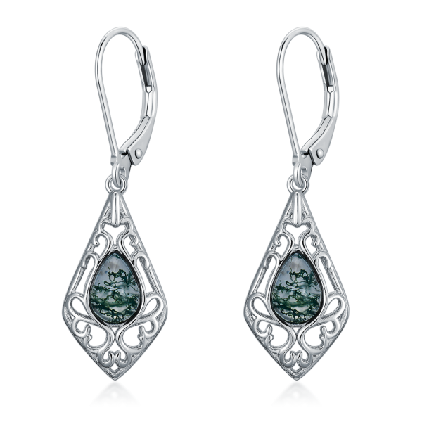 Sterling Silver Moss Agate Dangle and Drop Earrings-6