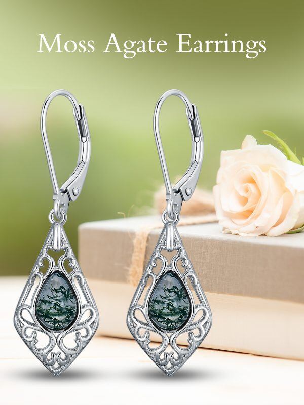 Sterling Silver Moss Agate Dangle and Drop Earrings-7