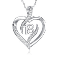 wholesale 925 Sterling Silver CZ Heart Necklace with Number 18 - 18th Birthday Gift- Rhodium Plated