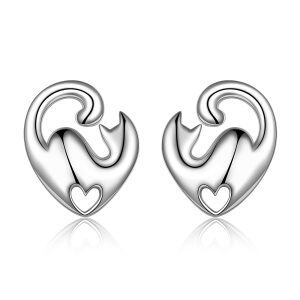 Sterling Silver Cat Heart Stud Earrings-0